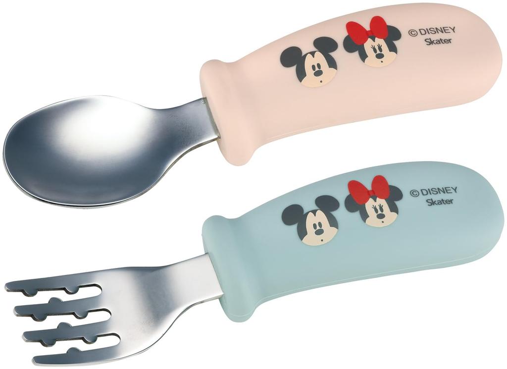 Skater Baby Silicone Spoon and Fork Ages 12 Months and Dishwasher Disney Mickey Minnie Petit Friends Easy-Grip Set, 11cm, Up, Safe, & SHSF1-A