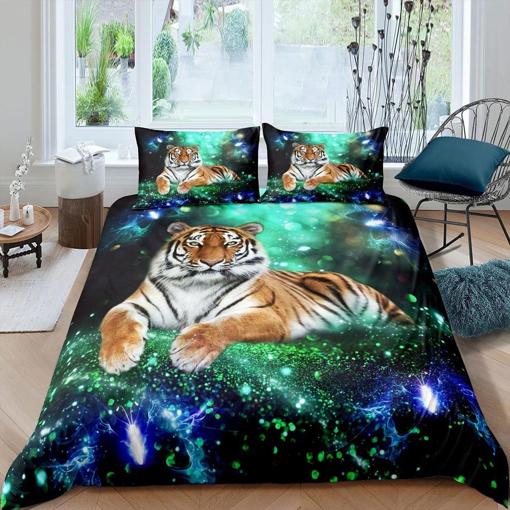 Tiger Wild Animals Duvet Cover Set King Of The Forest Pattern Polyester Comforter Cover King Queen Full Size For Kids Boys Girls