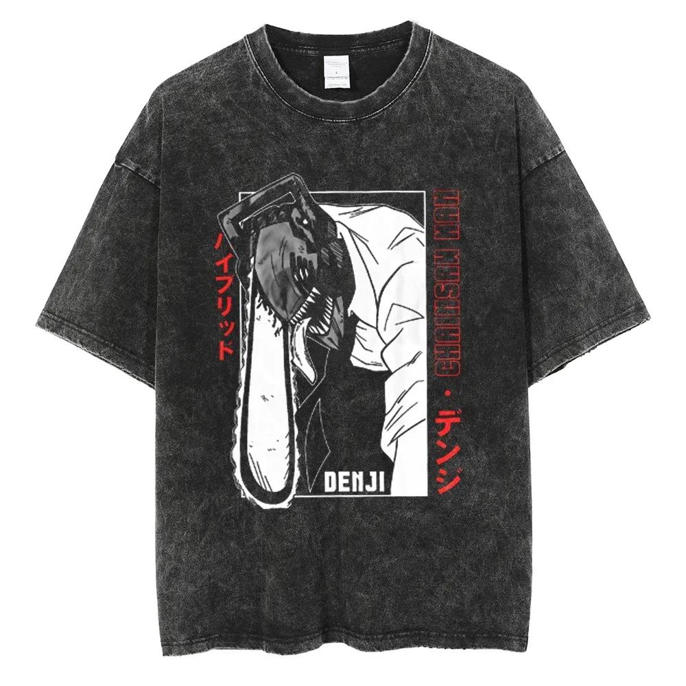 Anime Chainsaw Washed Short Sleeved Round Neck Yk Tshirt Ropa Hombre Men Clothing New in Top Tees Mens TShirt Camisetas