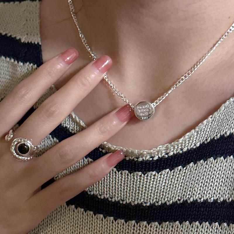 S925 Sterling Silver Niche Design Sense Letter Black Agate Necklace Simple Fashion Personality Round Collarbone Chain