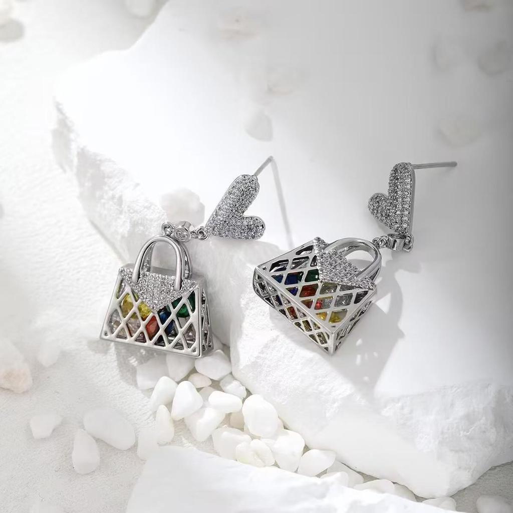 2024 Trendy Silver Needle Earrings: European-American Style, Color Diamond Studs, Exaggerated Design for Women