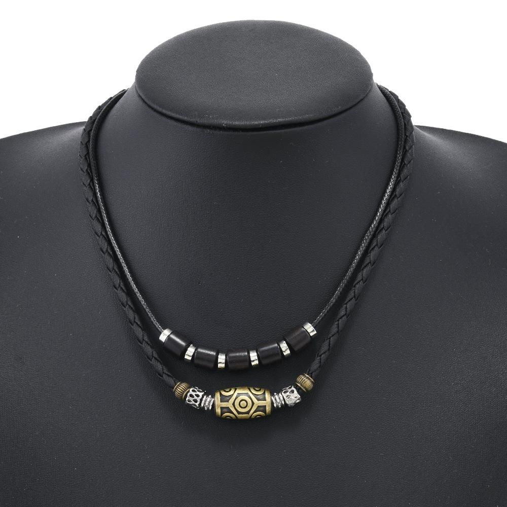 Bracelet Necklace Punk Style Retro Personality Trendy Men Woven Wax Rope Antique Dzi Bead Pendant Collarbone Chain Necklace