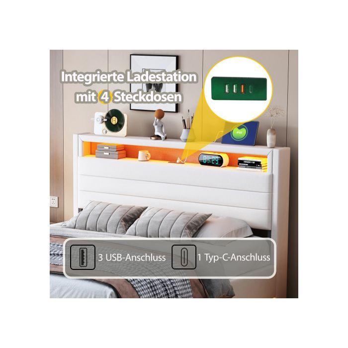 Lit rembourré 140x200 cm, cadre de lit flottant hydraulique avec espace de rangement, tête de lit réversible, lin beige