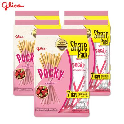 Glico Pocky Family Pack Erdbeergeschmack, Keksstangen mit Erdbeerüberzug, 154 g x 5 Stück – Thai-Snack