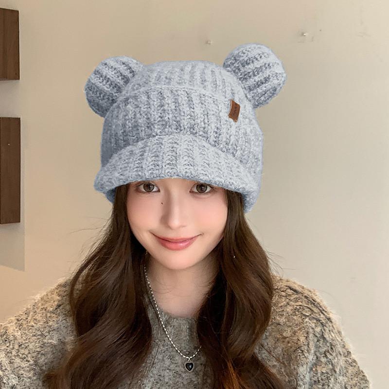 Winter Korean Style Cute Bear Knit Hat For Girls And Women Warm Earflap Beanie серый