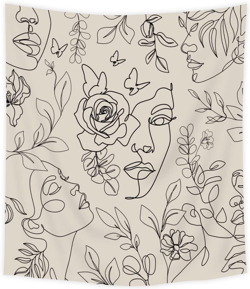 Abstract Woman Face Tapestry Floral Leaves Butterfly Art Line Lady Beige Black Flower Aesthetic Modern Sketch Minimalist Simple