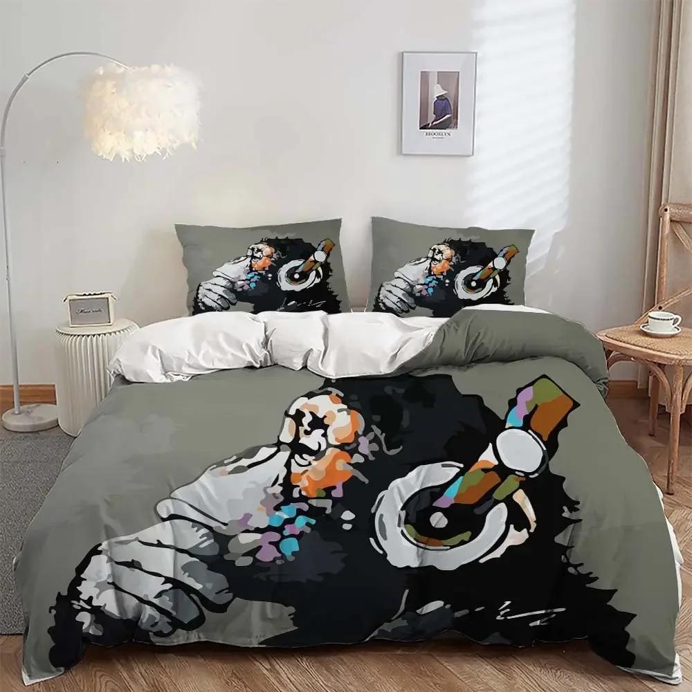 Set Copripiumino Scimmia Carina Set Biancheria da Letto Animale Cartone Animato per Bambini Set Biancheria da Letto Comodo e Caldo Adatto per Bambini Adolescenti