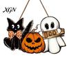 Halloween Party Supplies Wooden Door Sign, Pumpkin Ghost Boo Black Cat Welcome Funny Hanger Sign for Trick or Treat Indoor Outdoor Porch Wall Hanging