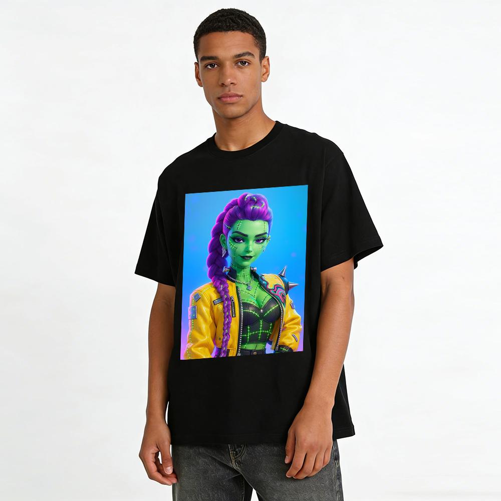 Cyberpunk Frankenstein Style Printed Top Trendy Green Skin Purple Braid Streetwear Casual T-Shirt Pure cotton T-shirt