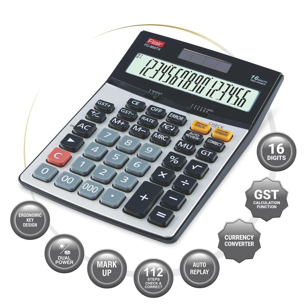 FLAIR FC-900TX GST Function Currency Converter Financial Desktop Calculator 16 Digit Solar Battery Office Home School