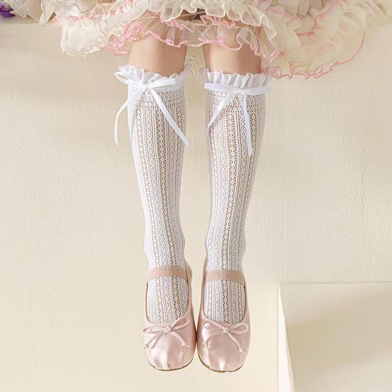 Children's Socks Summer Lolita Wooden Ear Mesh Ribbon Large Bow Mid-tube Socks for Girls