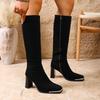 Sexy Suede Black Knee High Boots Women 2025 Autumn Winter Square Toe High Heel Long Chelsea Boots Metal Decoration Y2K Shoes 42