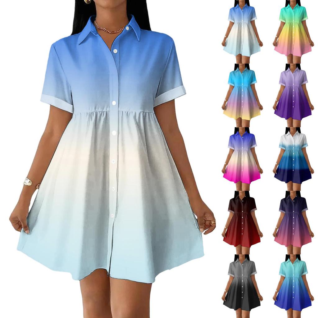 Women’s Casual Loose Fit Shirt Dress Button Down Stand Collar Short Sleeve Gradient Print Fashion Tunic Dress