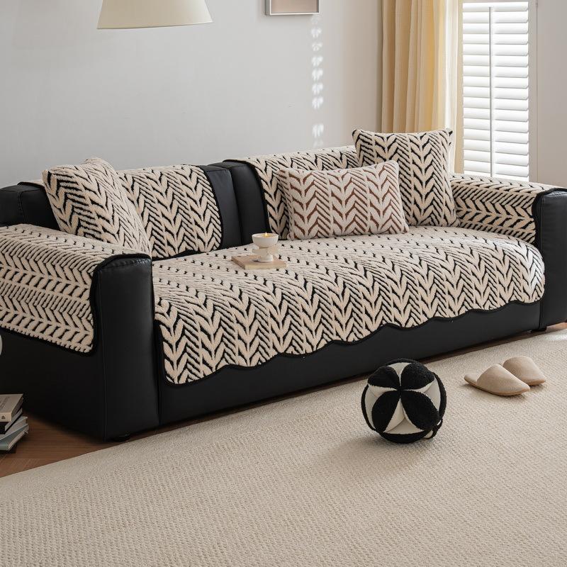 New Leather Sofa Cushion Autumn And Winter Plush Seat Cushion Light Luxury High Sense Simple Modern Non-Slip Straight Row Cover