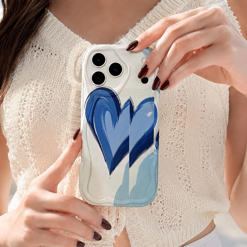 Gradient Blue Heart Sketch Phone Case for iPhone 17 16 15 14 13 12 11 Pro Max Plus Wavy Edge Artistic Cover