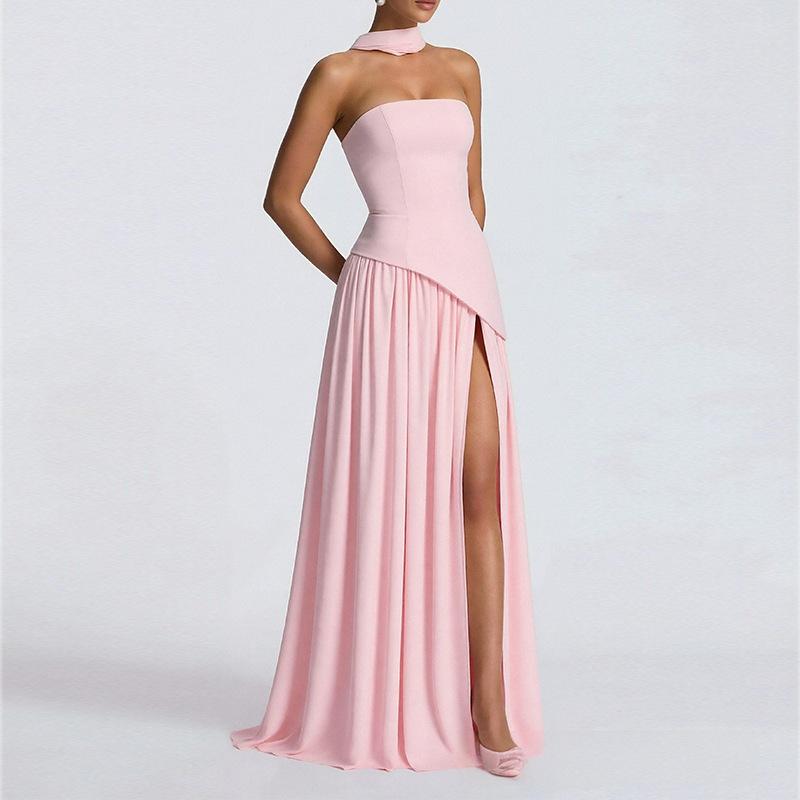 Sexy Trägertop-Kleid Für Damen Mode Sommer Einfarbige Rückenriemen Hoher Schlitz Taille Party-Schal Neue Kleider Für Damen