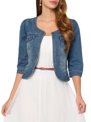 Allegra K Women's Denim Jacket, Jeans Coat, Bolero, Cardigan, Collarless, 3/4 Sleeves, Chest Pocket, Blue, Size M