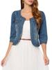 Allegra K Women's Denim Jacket, Jeans Coat, Bolero, Cardigan, Collarless, 3/4 Sleeves, Chest Pocket, Blue, Size M