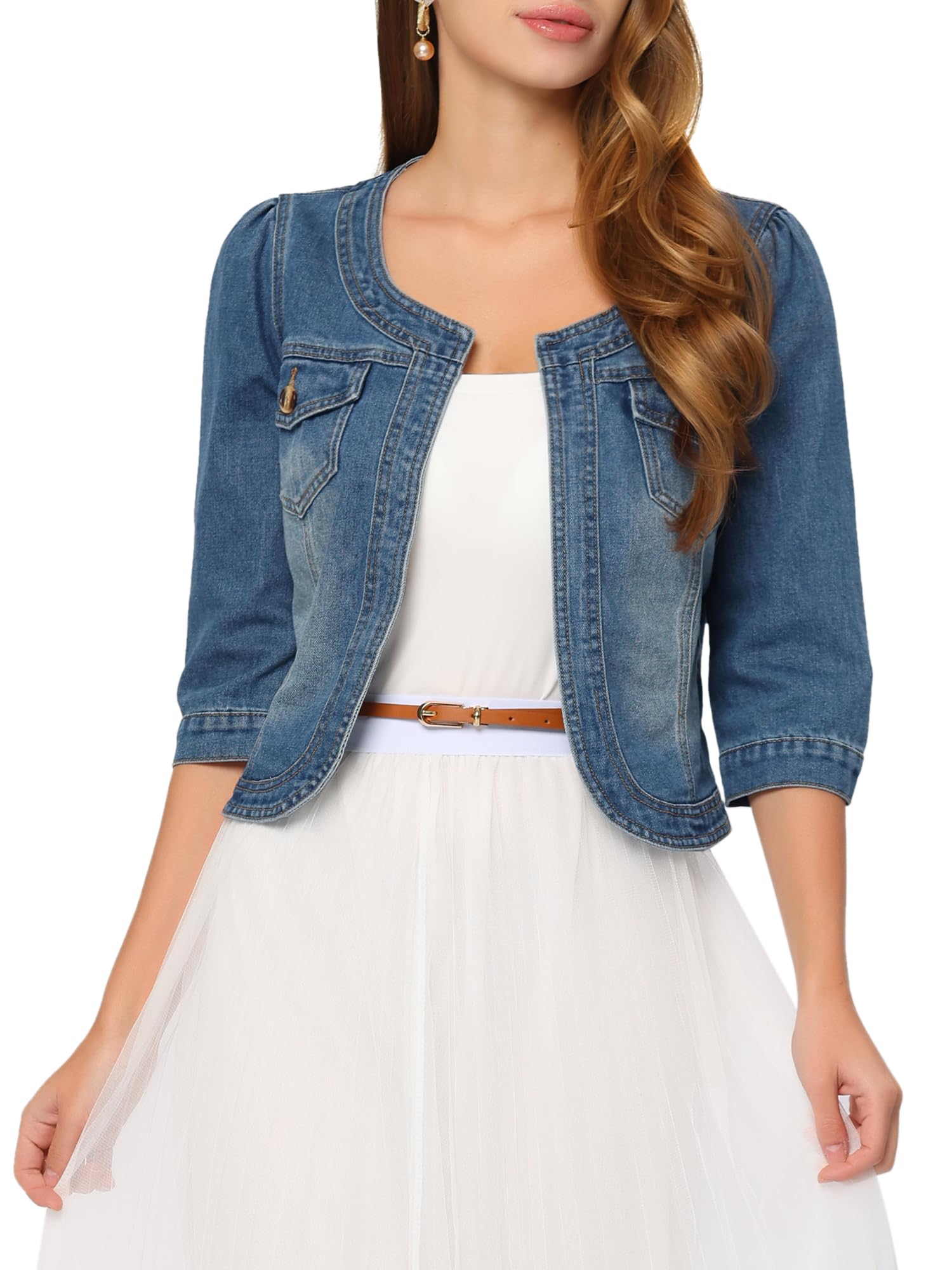 

Allegra K Женская джинсовая куртка, Джинсовое пальто, Болеро, Кардиган, Без воротника, Рукава 3/4, Нагрудный карман, Синий, Размер M