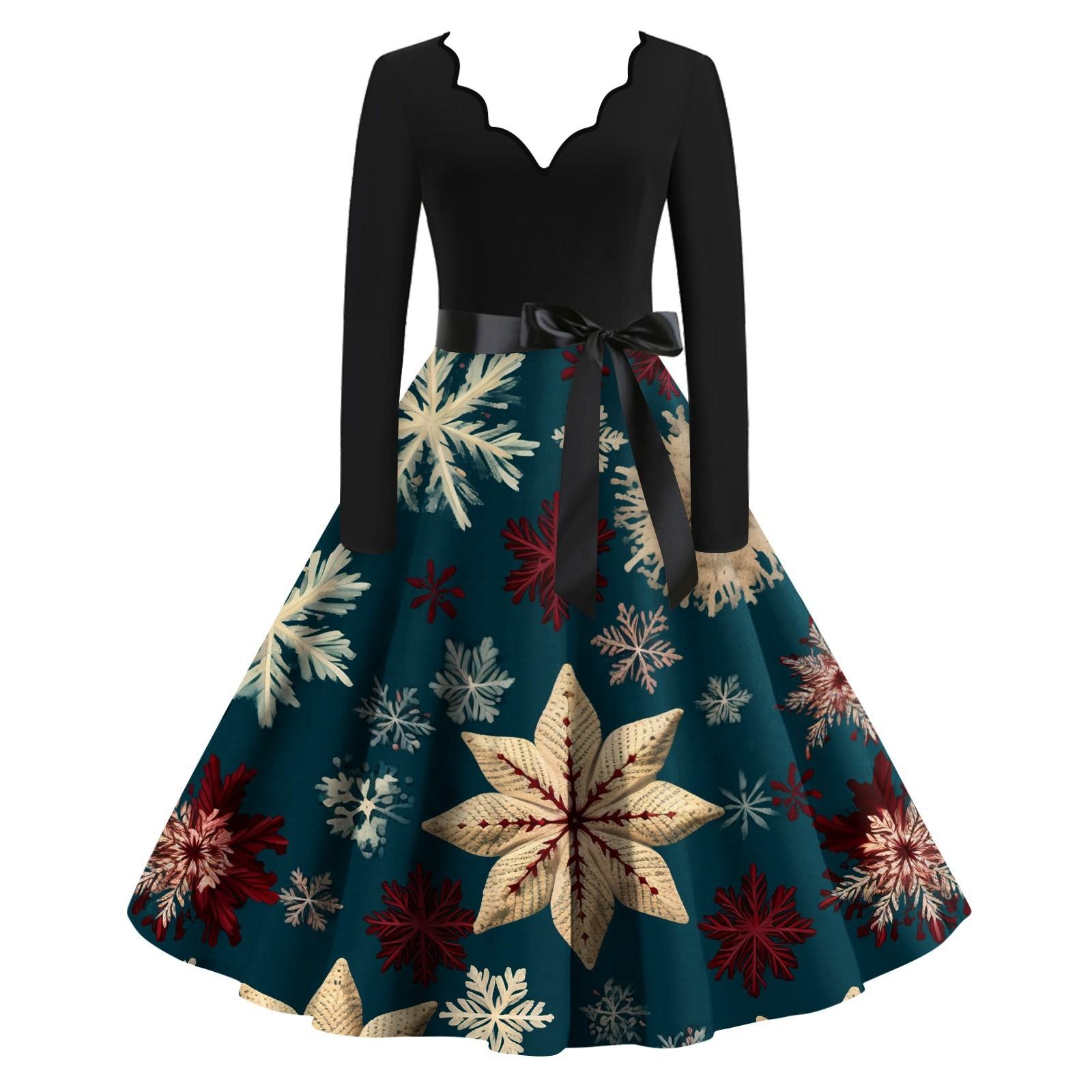 

Женское облегающее платье свободного кроя с принтом в виде рождественских снежинок, контрастным V-образным вырезом и длинными рукавами XL