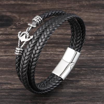 2019Fashion Stainless Steel Anchor Bracelet Men Black Braided Cowhide Leather Rope Bracelets Wrap Punk Charm Jewelry
