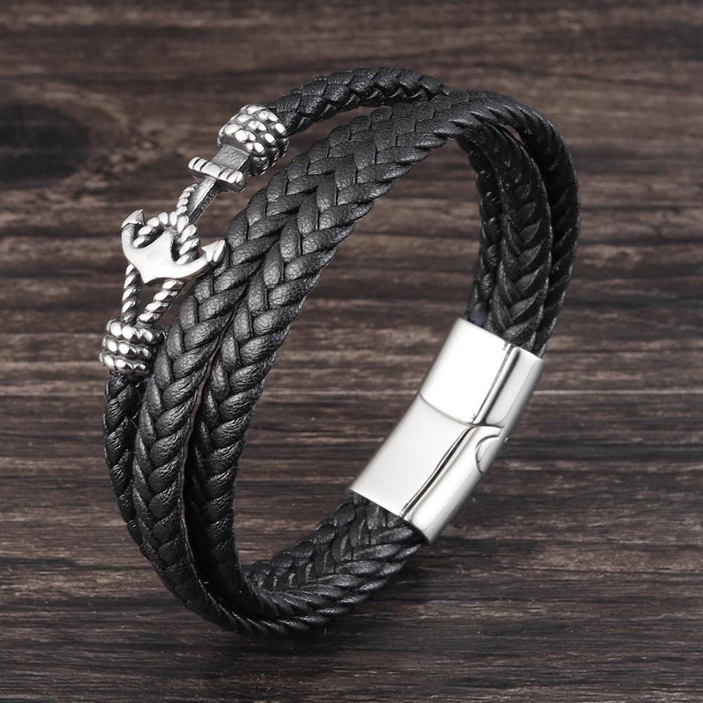 2019Fashion Stainless Steel Anchor Bracelet Men Black Braided Cowhide Leather Rope Bracelets Wrap Punk Charm Jewelry