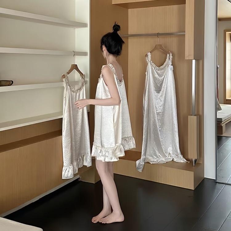 [Pearl Shine] 11 spring/autumn style acetic acid faux nightgown for women, pearl white princess-style spaghetti strap nightdress, suitable 