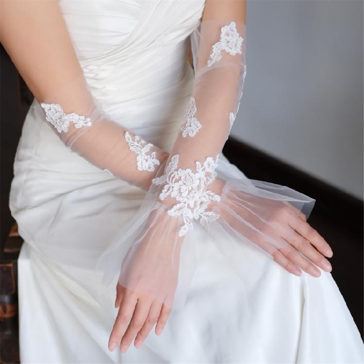 Durchsichtige Zarte Hochzeits-Armstulpen Fingerlose Spitze Handschuhe mit Stickerei Blume für Braut Besondere Anlässe Verkleiden