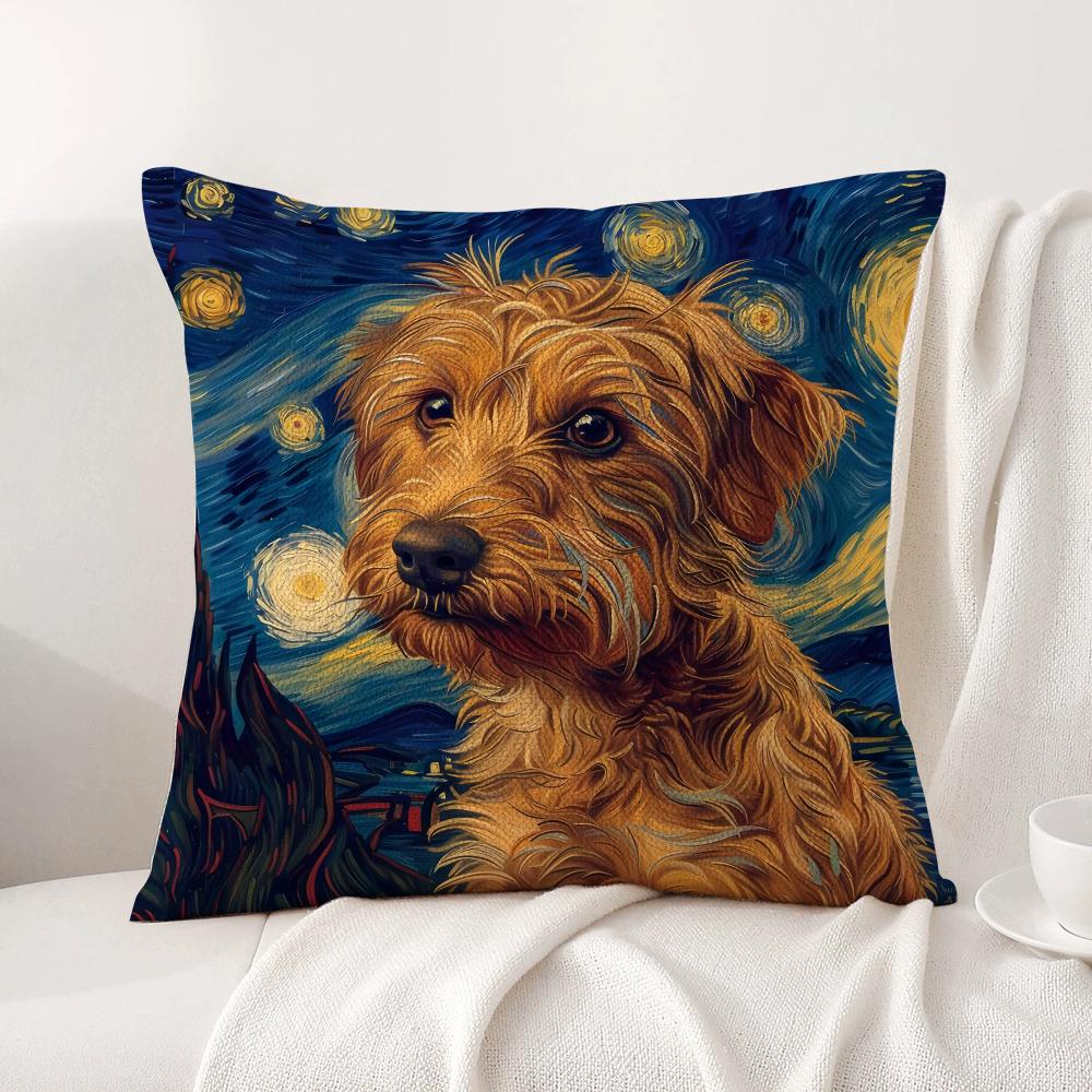 Catoon Starry Sky Dog Cushion Cover Natural Linen Organic Fabric DoubleSided Printing Sofa Home Decor Breathable Bed Pillow