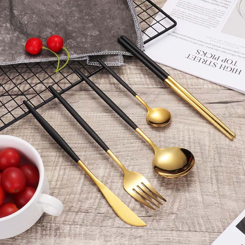 Nordic Stainless Steel Steak Knife Fork Spoon Teaspoons Chopsticks 5 Pieces Set Mirror Frosted Luxury Kitchen Tableware Set Home Party Dinnerware Set
