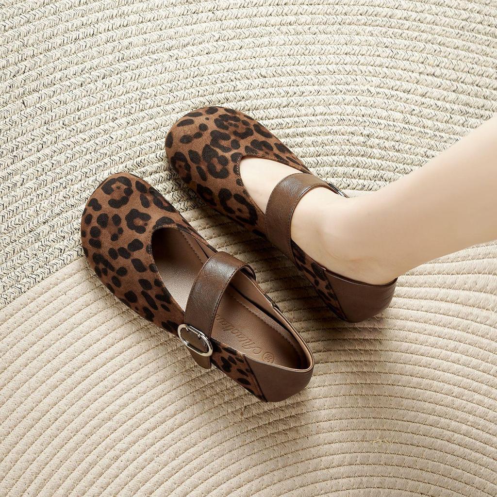 2025 Autumn Retro Korean Leopard Print Sheepskin Mary Janes with Hidden Heel & Soft Sole