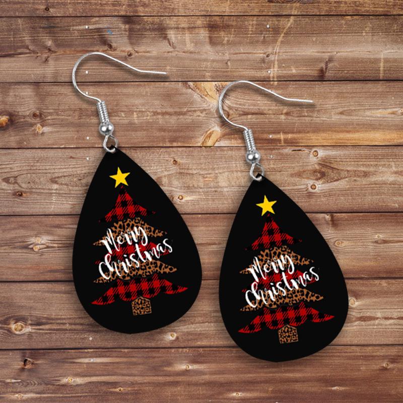 European & American Red Plaid Star Christmas Tree Leather Earrings for Women