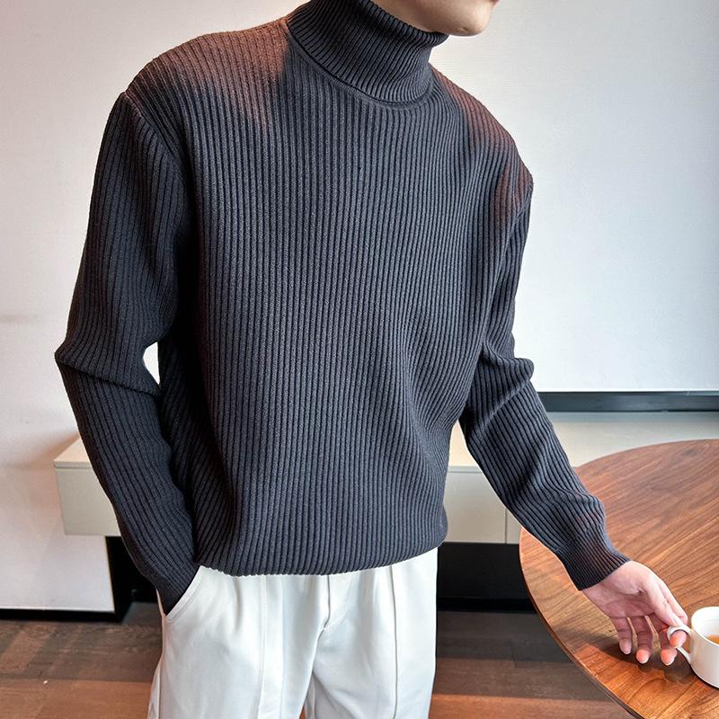 Men's Korean Style Ribbed High Neck Sweater - Autumn/Winter Versatile Long Sleeve Knitwear