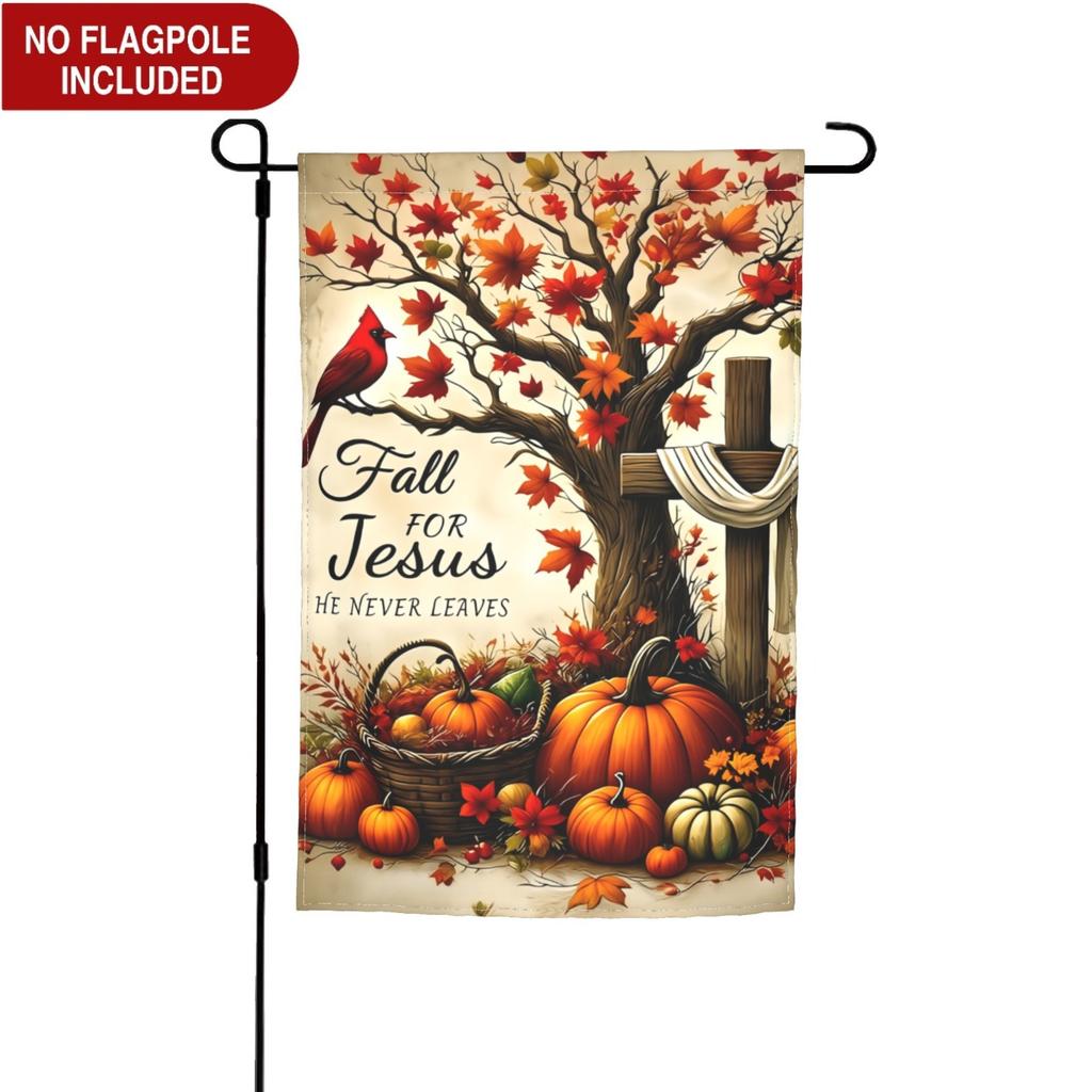 Fall for Jesus He Never Leaves Garden Flag Double Sided Outdoor Decorations, Fall Harvest Pumpkin Cross Small Garden Flags for Outdoor Yard Lawn
