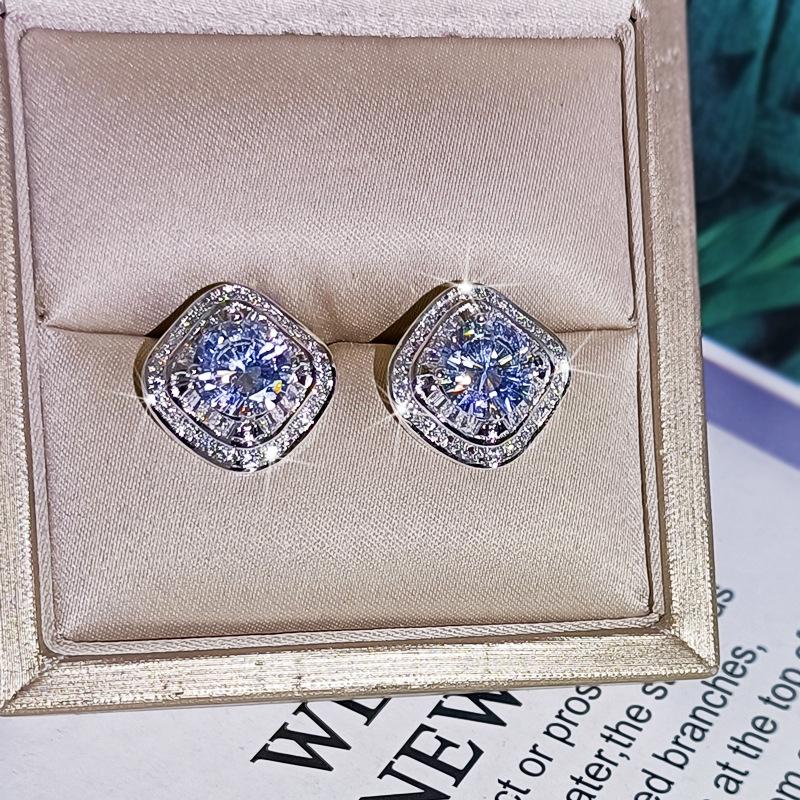 Square Drill Ring Full Diamond Micro Insert Earrings Pendant Clavicle Necklace Jewelry Set