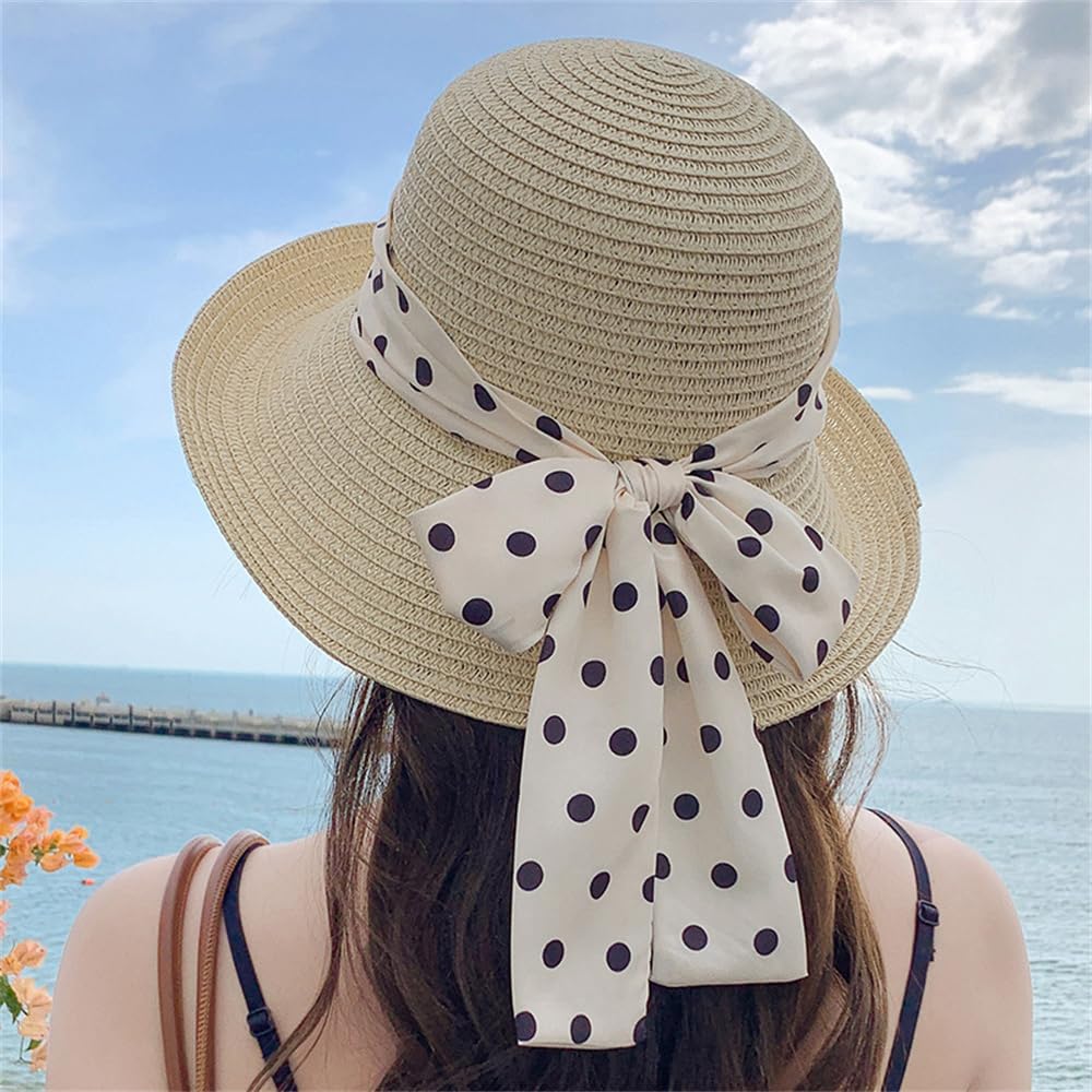 Actress Hat for UV Foldable Straw Polka Dot Cute Face Slimming Popular Straw Sunburn Swimming [Lhyxuuk] Women, Protection, Hat, Hat, Pattern, Ribbon,