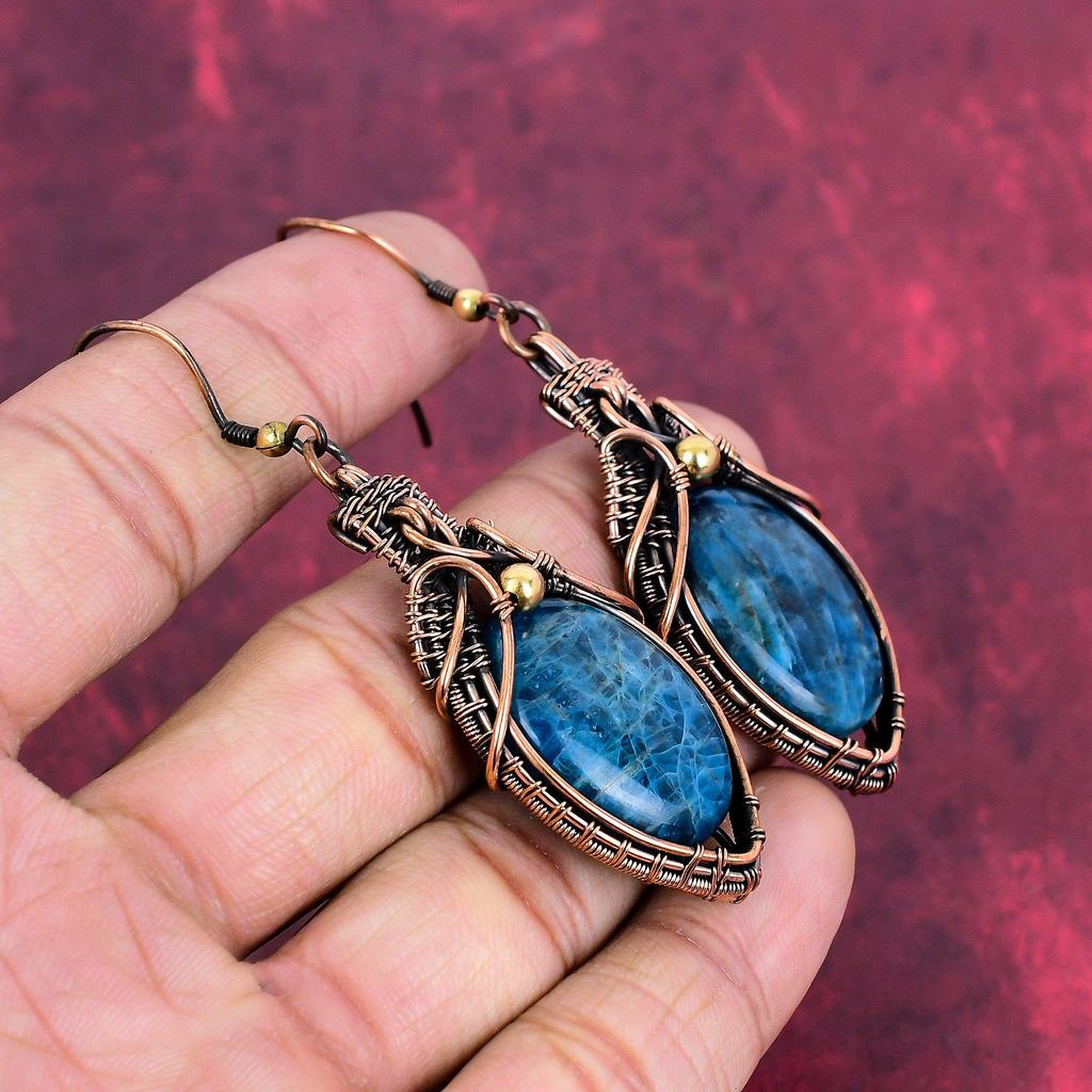 Neon Apatite Earring Copper Wire Wrapped Earring Dangle Earring Wire Wrap Gemstone Jewelry Handmade Earrings Copper Jewelry Gifts For Mother