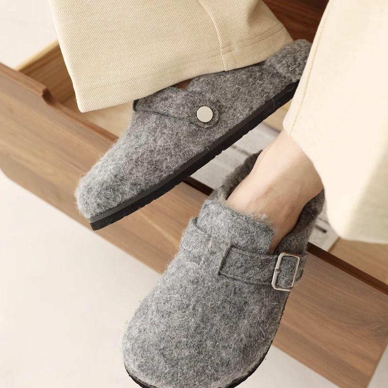 Women's Gray Thick-Soled Birkenstock Plush Closed-Toe Slippers - Autumn/Winter 2024