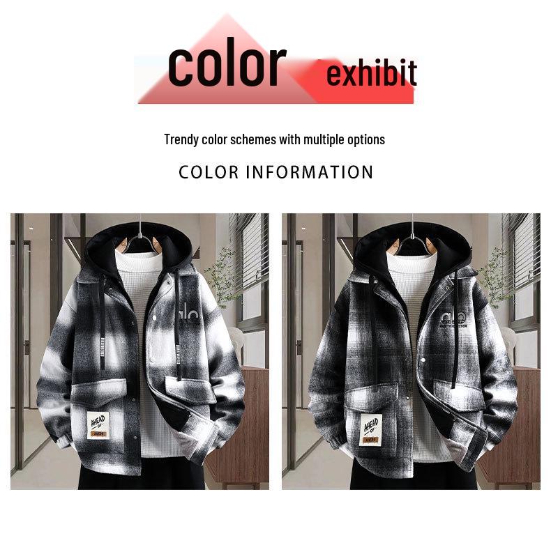 Trendy Winter Plaid Wool Coat for Boys (Ages 13-17) - Thickened, Plus Velvet