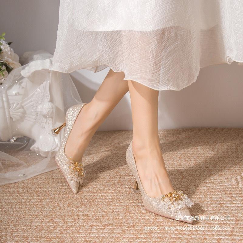 French crystal sequined wedding shoes high heels 2025 new pointed head shallow mouth wedding shoes rhinestone main wedding dress stiletto shoes