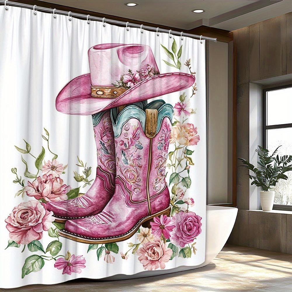1pc Pink Cowboy Boots & Floral Embroidery Shower Curtain - Romantic Country Style, Lush Watercolor Florals