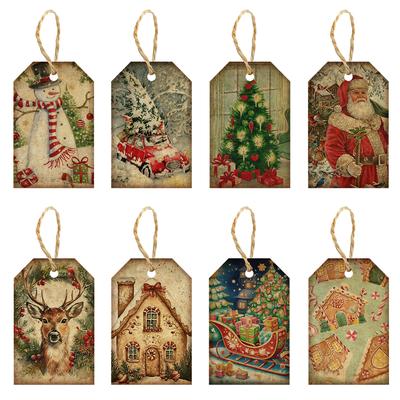 Vintage Christmas Party Decoration Hanging Tags Christmas Tree Snowman Hemp Rope Card Pendant