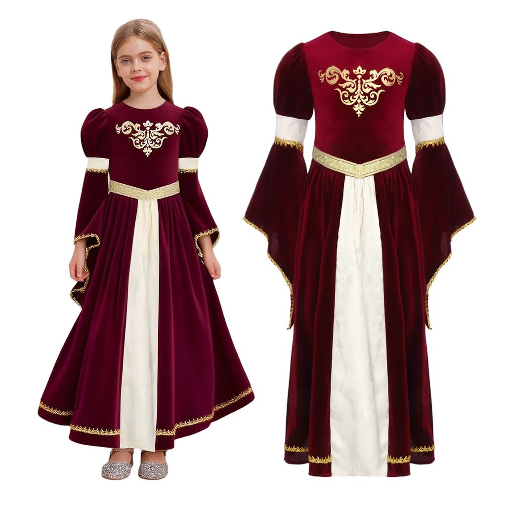 Dětský kostým středověké princezny pro dívky, patchwork, kulatý výstřih, zvonové rukávy, zlatý vzor na hrudi, dekorativní pásek v pase, volánková lemovka, dlouhý