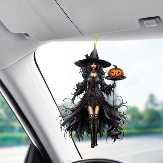 Gothic Witch Pendant 2D Acrylic Car Hanging Ornament Rearview Mirror Ornament for Halloween And Gothic Lovers