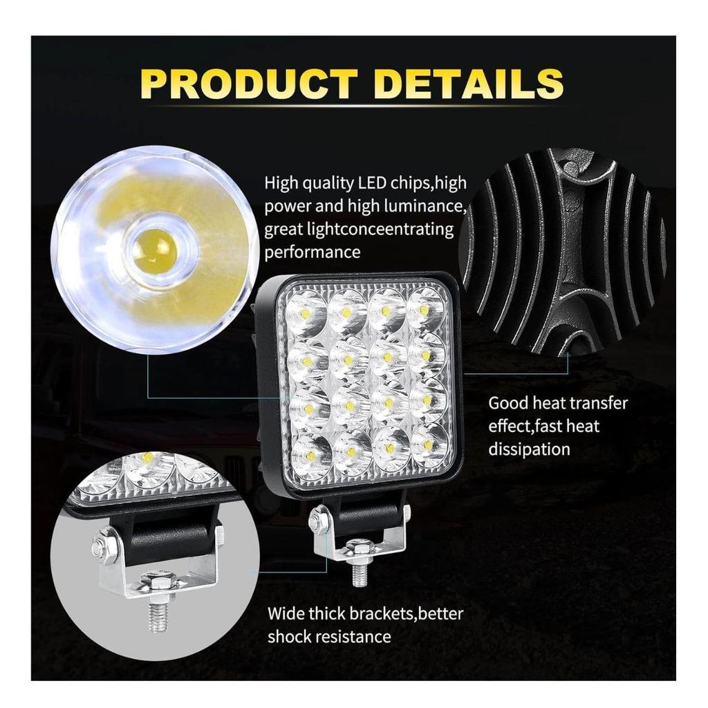 LED Off-Road Lights Square 16-LED Work Lights | 5-in-1 Function | IP67 Waterproof | 12V Aluminium Headlights 2-Pack