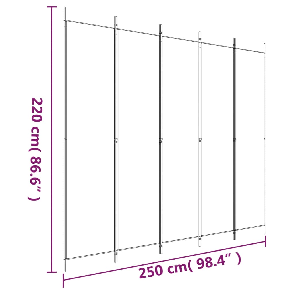 5 Piece White Folding Screen 250 x 220 cm Fabric