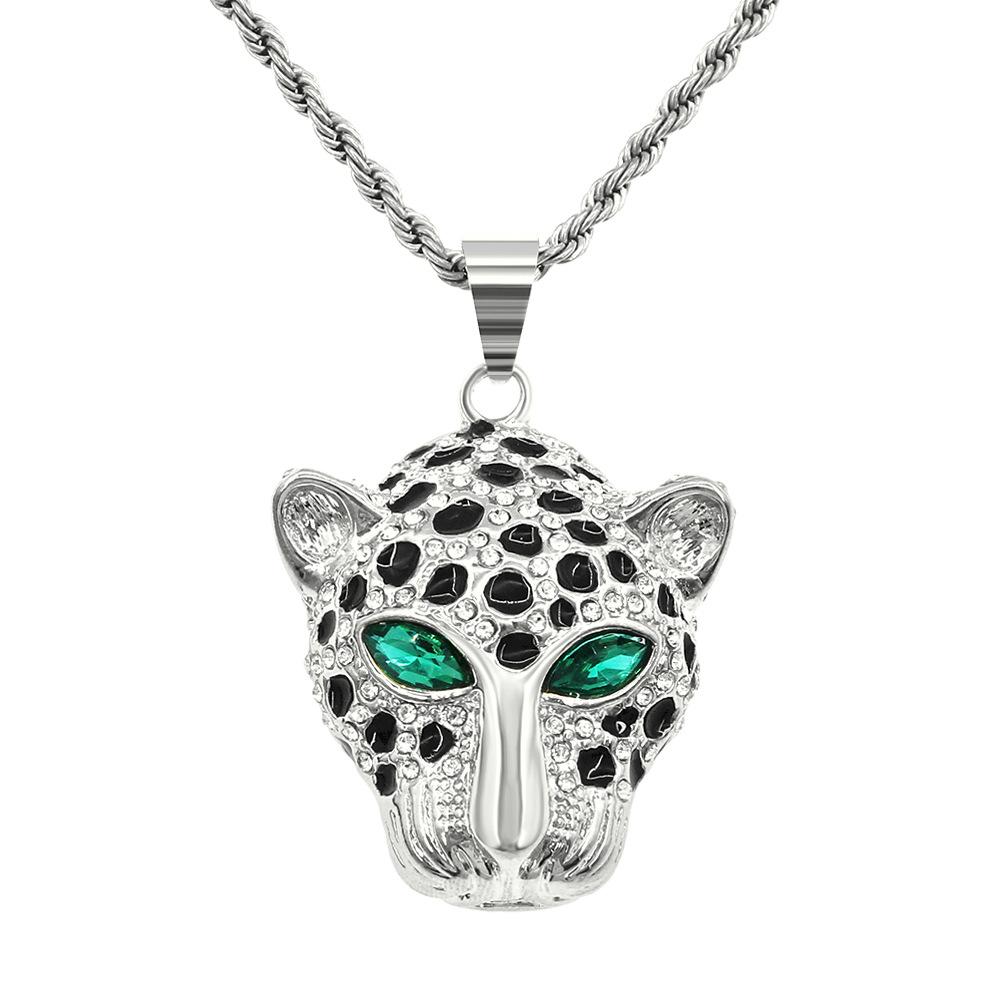European Hip Hop Three-Dimensional Diamond-Inlaid Green Eyes Leopard Head Pendant Necklace Fashionmonger Personalized Pendant Accessories Pendants