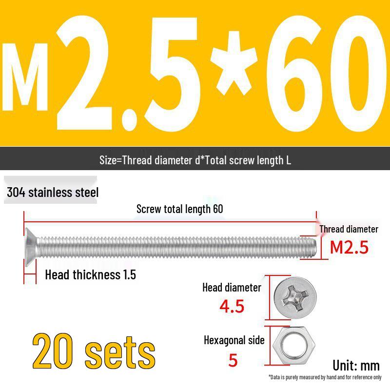 304 Stainless Steel Extra Long Phillips Flat Head Screws and Nuts Set (2M, 3M, 4M)