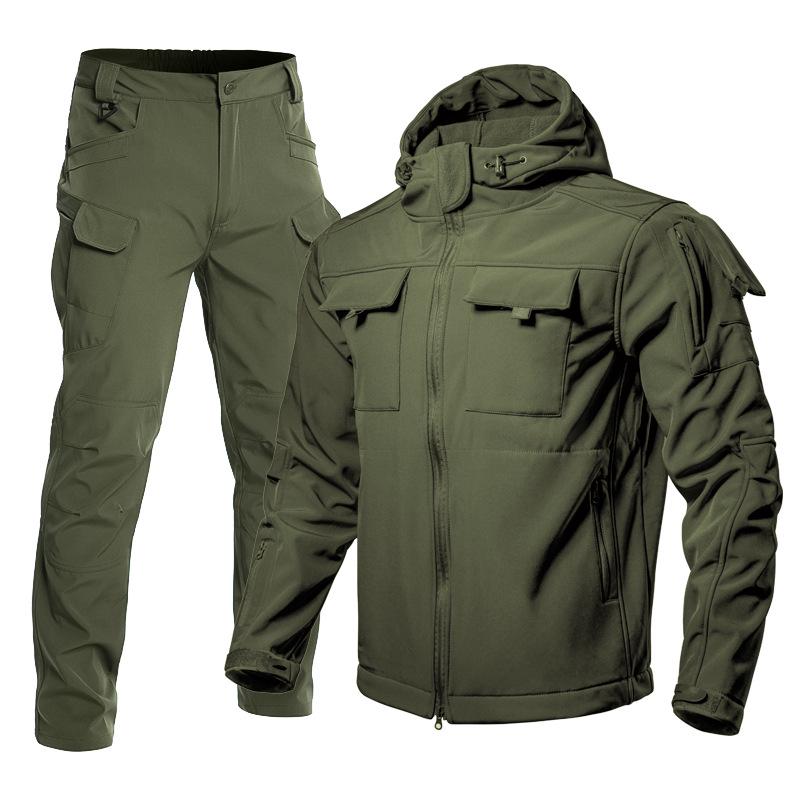 Men's Winter Fleece-Lined Softshell Jacket and Pants Set for Outdoor Activities