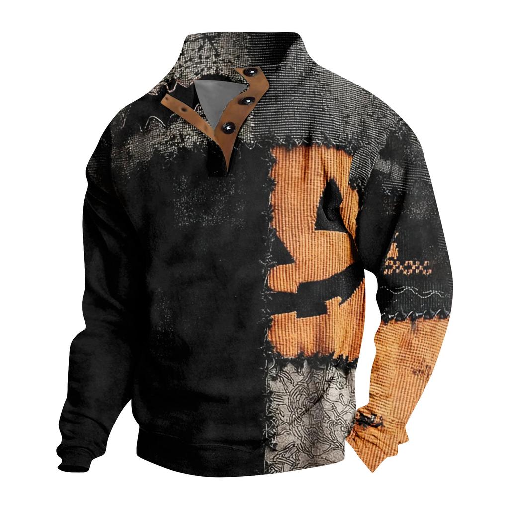 Men's Casual Fashion Christmas Printed Hoodless Sweatshirt Wide Men's Loose Button Stand Collar Hooded Sweatshirt